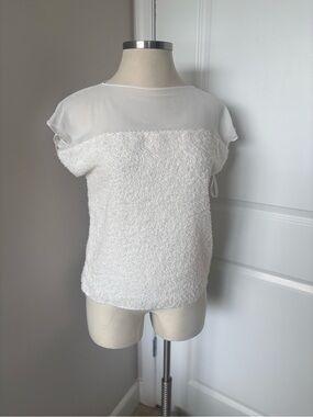 Donna Karan White Textured Short Sleeve Top with Sheer Yoke